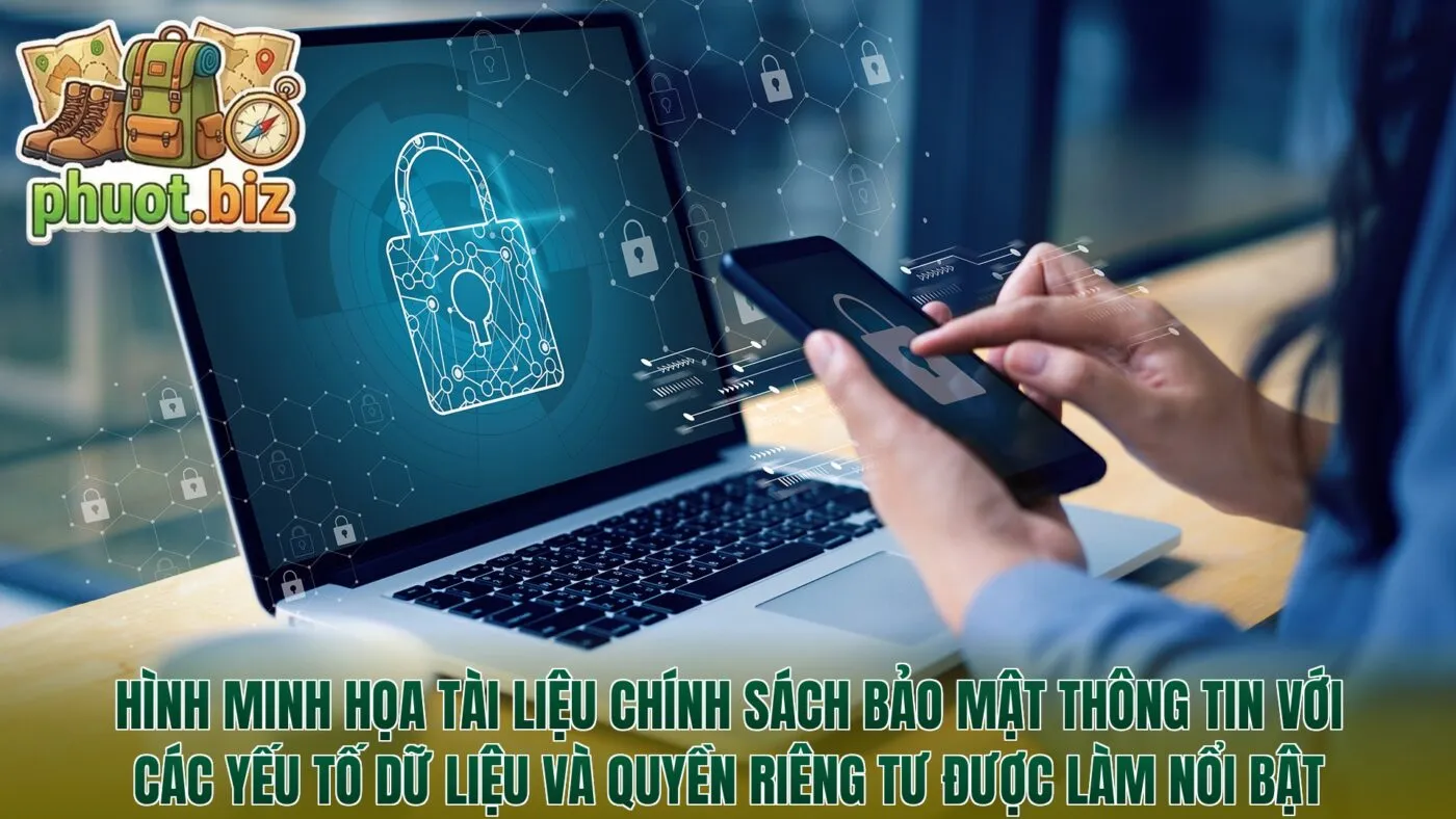 Hình minh họa tài liệu chính sách bảo mật thông tin với các yếu tố dữ liệu và quyền riêng tư được làm nổi bật