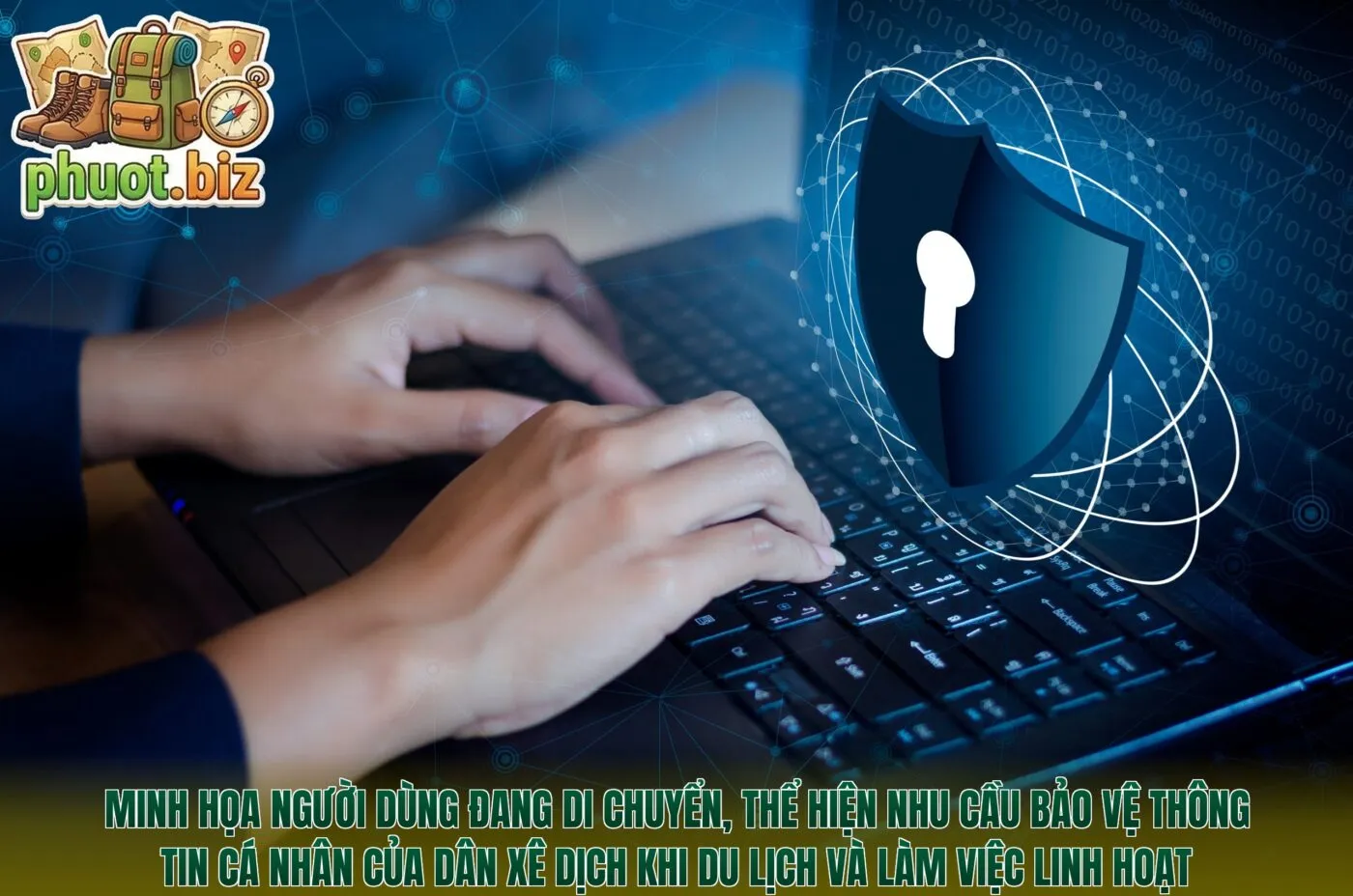 Minh họa người dùng đang di chuyển, thể hiện nhu cầu bảo vệ thông tin cá nhân của dân xê dịch khi du lịch và làm việc linh hoạt